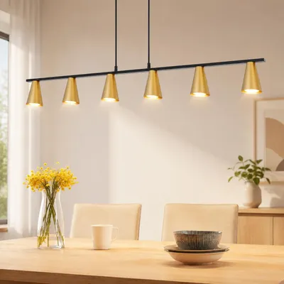 Productafbeelding van ZMH Hanglamp, 6 armen, 110 cm, modern, goud, voor de eetkamer, hanglamp, GU10, metalen eetkamerlamp, hangend, hoogte verstelbaar, lamp voor de eettafel, bureaulamp, AI-gegenereerde afbeelding