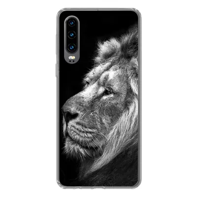 Produktbild von MuchoWow® Handyhülle Schutzhülle Hülle für Huawei P30 Löwe vor schwarzem Hintergrund in schwarz und weiß Silikon Softcase Handy Hülle - Kartenbesitzer