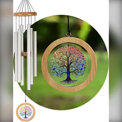 Immagine prodotto di INF Campanello a vento Albero della Vita — Legno di pino argento e tubi in lega di alluminio accordati, decorazione commemorativa per esterni e interni S