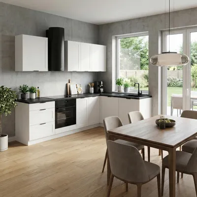 Produktbild von Küchenzeile - Küche L Form - 260x170 cm - Weiß Matt - mit schwarzer Arbeitsplatte - MDF - Küchenmöbel - Aluminiumgriffe - ADELE