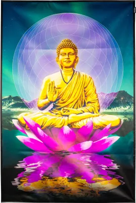 Produktbild von PSYWORK Schwarzlicht Stoffposter Neon "Sacred Lotus Buddha", 150x225cm