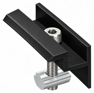 Produktbild von Endklemme schwarz für 30mm Solarmodul im Befestigungsset mit Nutenstein, Zylinderkopfschraube, Federring - Aluminium Solar PV Modul Montage Halterung