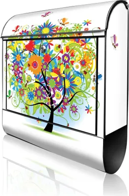 Produktbild von banjado Design Briefkasten Stahl schwarz mit Zeitungsfach pulverbeschichtet "Märchenzauberbaum" 38x46x12,5cm & 2 Schlüssel - Postkasten A4 Einwurf inkl. Montagematerial [BKSCH 10149]