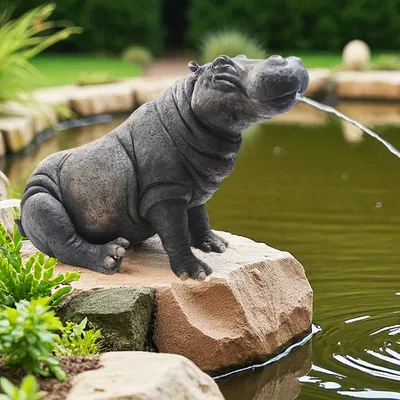 Produktbild von Solar Wasserspeier Nilpferd 34 cm detailreich Teichfigur Teichdeko Gartenfigur Gartendeko Springbrunnen Solarbrunnen Brunnen