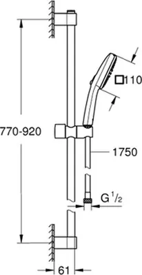 A technical drawing of a shower rail set with dimensions.