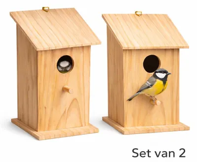 Obrázok produktu pre Sada 2 drevených vtáčích búdok – hniezdiace búdky pre sýkorky – s upevňovacím systémom – 12 x 12,5 x 22,5 cm