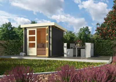 Produktbild von Karibu Gartenhaus "Calabar 2" SET terragrau mit Boden und Dachfolie