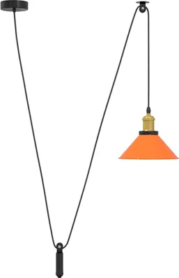 A pendant light with an orange shade and a black cord, shown against a white background.