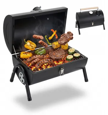 Produktbild von Relaxdays Campinggrill, 2 Kohleschalen, Thermometer, Rauchabzug, HxBxT: 35 x 41 x 29 cm, tragbarer Tischgrill, schwarz