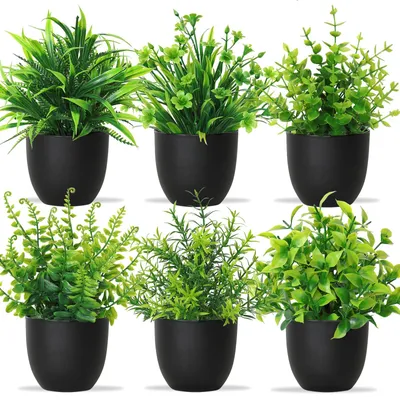 Image de Plantes artificielles en pot, lot de 6, petites plantes artificielles vertes, plantes décoratives en plastique pour l'intérieur, idéales pour le bureau, la maison, la chambre à coucher, le salon et la salle de bains.