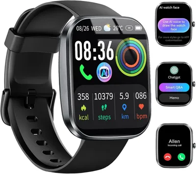 Zdjęcie produktu dla Inteligentny zegarek męski/damski z funkcją ChatGPT AI, Bluetooth, możliwość wykonywania połączeń, kolor czarny