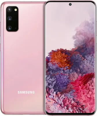 A pink Samsung Galaxy S20 5G smartphone is shown from the front and back, with a close-up of its screen displaying a colorful floral image.