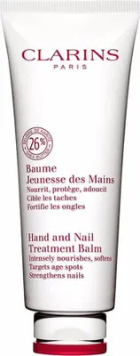A white tube of Clarins Hand and Nail Treatment Balm.