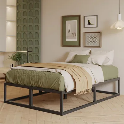Image de Structure de lit 120 x 190 cm en métal noir, avec lattes en acier, hauteur 36 cm, et espace de rangement sous le lit