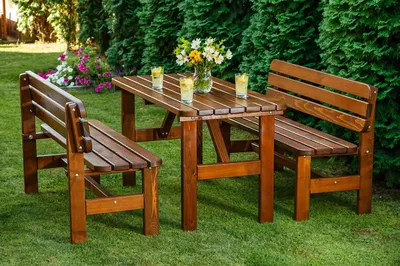 Image de Ensemble brasserie BAVORD MASIV 150x70 cm – épicéa massif 40 mm, pour 4 à 6 personnes, 78 kg – table + 2 bancs avec dossier
