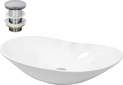 Obrázek produktu pro LuxeBath umyvadlo Oválné umyvadlo na desku, 64x36,5x13 cm, bílé, z keramiky, včetně odtokové soupravy bez přepadu