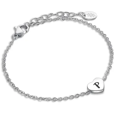Produktbild von Damen Armband aus Stahl mit Herz-Anhänger Buchstabe P, Ringverlängerung, 16 + 3 cm