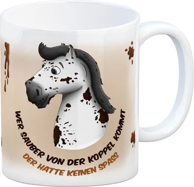 Produktbild von Kaffeebecher mit weißes Pferd Motiv und Spruch: Wer sauber von der Koppel