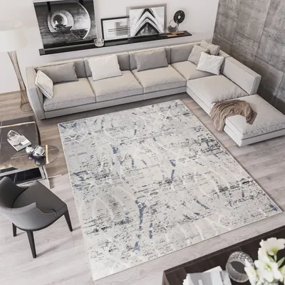 Produktbild von Teppich Kurzflor Modern Design Schlafzimmer Wohnzimmer Vintage Meliert Grau Creme  160 x 220 cm