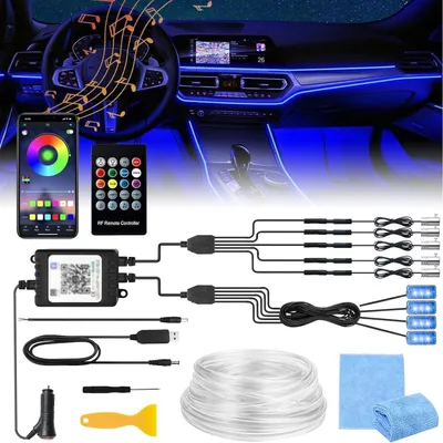 Zdjęcie produktu dla Oświetlenie LED do wnętrza samochodu, 6 metrów, RGB, z możliwością sterowania za pomocą aplikacji i pilota, oświetlenie podłogi, 12V