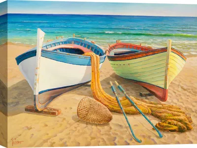 Immagine prodotto di Stampa d'arte su tela, motivo marino - Adriano Galasso, Barche sulla spiaggia - 120x90 cm