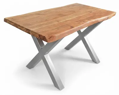 Produktbild von Baumkantentisch Cali 160 x 85 cm, Akazienholz massiv naturfarben, 50 mm Tischplatte, Esstisch mit X-Metallgestell Silber, Industrial-Design