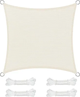 Imagen del producto de Toldo solar Unyqoos® de 2x2 metros – Fabricado en HDPE de 180 g/m², con protección UV (80-85%), transpirable y resistente al agua, color beige-blanco, resistente a desgarros, incluye 4 cuerdas de 2 metros y ojales de acero inoxidable