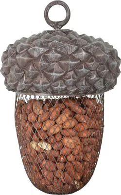 Produktbild von Dehner Natura Premium Wildvogel Futterstelle Eichel, Futterstation / Tränke für Wildvögel, Futterstelle wetterfest / hängend, inkl. Aufhängevorrichtung, ca. 14 x 14 x 22 cm, Polyresin/Metall, grau