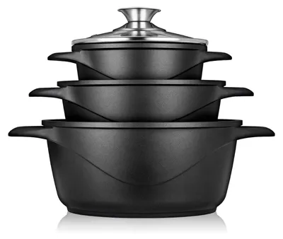 Produktbild von Briebe MGK-18 Kochtopf Set Induktions 6-Teilig Aluminiumguss 3 Kochtöpfen 3 Glasdeckel Schwarz