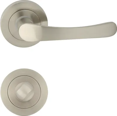 Produktbild von DOMINO Türgriff Drückergarnitur WC -Badezimmer Set | Rund-Rosette | Türklinke für Bürotür, Kellertür & Innentür | Türbeschläge aus Aluminium | Nickel Türdrückergarnitur | NOVA-R M9