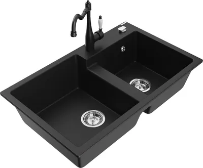 Produktbild von Mexen Tomas 2-Becken-Granitspüle mit Mischbatterie Carla, Schwarz - 6516-77-670700-70