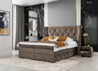 Produktbild von Boxspringbett Bett FOKS mit Pocket-Matratze, Bonell-Matratze und Topper - Doppelbett - Bettkästen - H3 - Beleuchtung LED ( 200x200 cm , Beige - Monolith 09 )