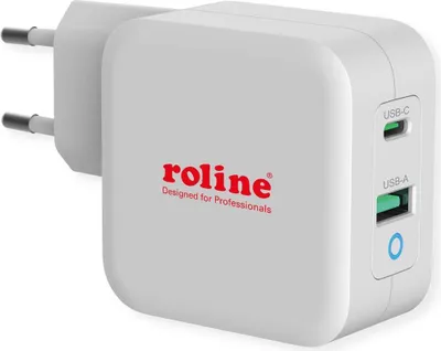 Imagen del producto de Cargador USB ROLINE con enchufe europeo, 2 puertos (Tipo-A QC3.0, Tipo-C PD), 65W