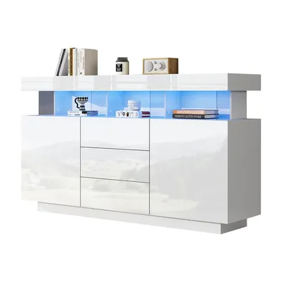 Produktbild von Sideboard mit 16-farbigem LED-Lichtstreifen Hochglanz Aufbewahrungsschrank für Esszimmer 140x35x80cm Weiß