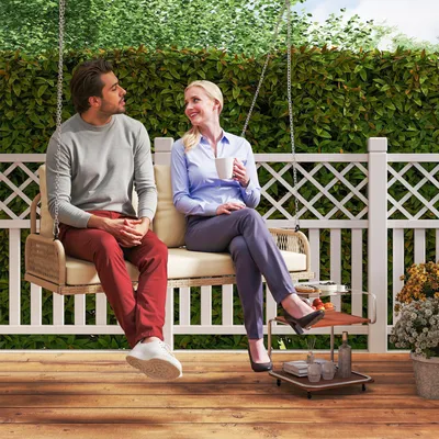 Produktbild von Sweiko Hollywoodschaukel 2-Sitzer Rattan Gartenschaukel mit Kissen Ketten bis 240 kg 115 x 66 x 44 cm Beige