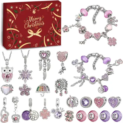 Produktbild von Adventskalender 2026 für Teenager-Mädchen - Weihnachtskalender - Schmuck - Basteln - Kinder - Armband mit Anhängern - Halskette