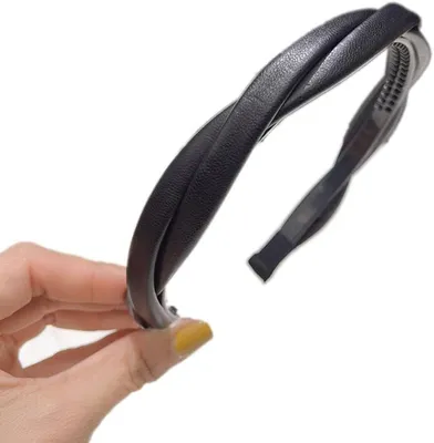 Produktbild von 1 Stück schwarzes Leder-Stirnband für Damen, zweisträngig geflochten, elastisch und rutschfest, mit Zähnen, dünner Haarreif als Haarschmuck