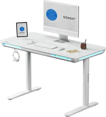 Produktbild von SENSE7 NOMO Höhenverstellbarer Schreibtisch Elektrisch 120x60 cm Weiß Glas Computertisch Gaming Tisch Stehpult Memory LED Schublade USB Ergonomisch