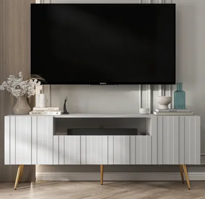 Produktbild von TV-Schrank Glamour RTV RTV-Schrank Elpis 2 - Modern - Lindner Möbel - 150cm x 60,5cm x 36,5cm, Farbe: Weiß matt, Gold Metallbeine