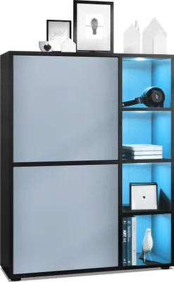 Produktbild von Vladon Highboard Schrank Anrichte Cuba mit 8 Fächern,  Germany, Korpus in Schwarz matt / Fronten in Denim matt, mit RGB LED Beleuchtung