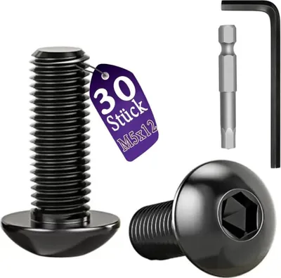 Produktbild von Linsenkopfschrauben, M5 Schrauben Schwarz, Flachkopfschraube Edelstahl A2 V2A, Halbrundkopfschrauben Vollgewinde Möbelschrauben, M5x12mm, 30 Stück mit Schlussel und Schraubendreher Bit