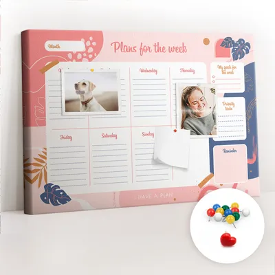 Imagen del producto de Pizarra de corcho con chinchetas - Tablero con chinchetas para fotografías y notas - 60x40 cm - Chinchetas de colores, 100 unidades - Planificador semanal