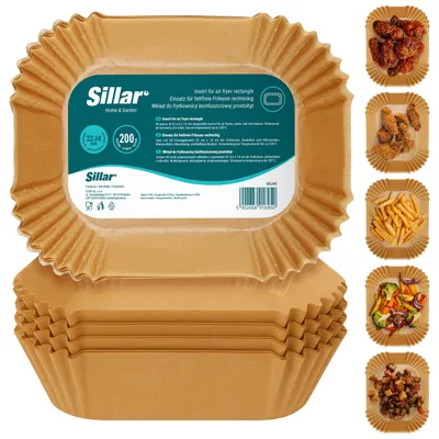 Zdjęcie produktu dla Sillar, 200 sztuk, prostokątny papier do pieczenia 20 x 14 cm do frytkownicy na gorące powietrze – papier do frytkownicy Airfryer, nieprzywierający, odporny na olej, pergaminowy