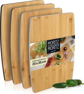 Immagine prodotto di Uniqoos® Set da 4 taglieri in bambù, dimensioni 35 x 25 x 1 cm – realizzati in bambù massello, adatti al contatto con gli alimenti, resistenti all'umidità, delicati con i coltelli, ideali per tagliare e servire