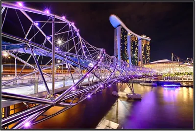 Produktbild von Wallario Wandbild Helix-Brücke in Singapur bei Nacht, Größe: 61 x 91,50 cm, Poster mit schwarzem Aluminiumrahmen