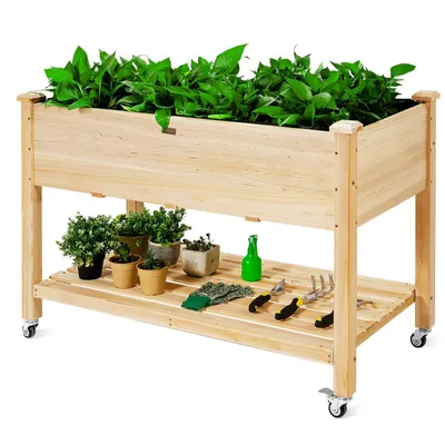 Produktbild von GOPLUS Hochbeet mit Rollen aus Holz, Gartenbeet mit Ablage & Abflusslöchern, Pflanzbeet Tragkraft 150 kg für Garten & Natur, 120 x 59 x 84 cm