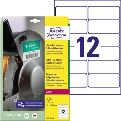 Image de Avery Zweckform L7913-10 Étiquettes en film ultra-résistant, 99,1 x 42,3 mm, 10 feuilles/120 étiquettes, blanc