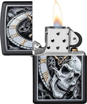 Immagine prodotto di Accendino Zippo antivento teschio-orologio nero opaco a benzina 29854