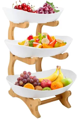 Produktbild von 3-stöckige Obstschale - Obstkorb Ständer - Bambusgestell - 3 Größen - Servierplatte für Küche und Party - Weiß