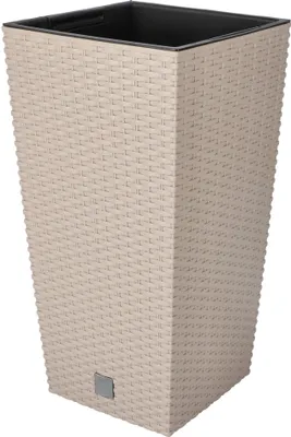 A tall, square planter with a woven texture.